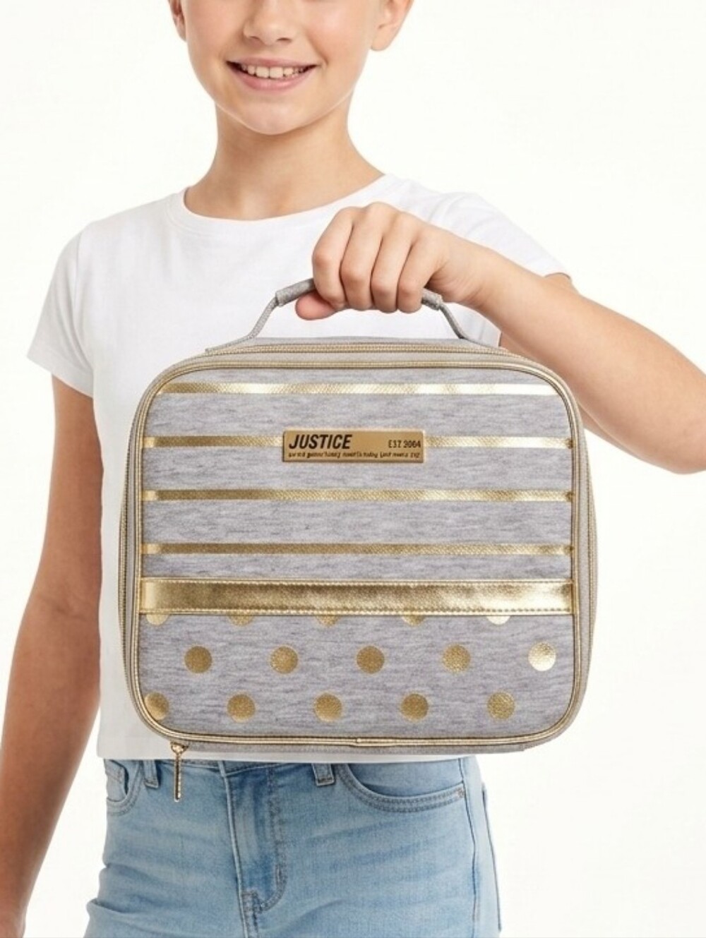 Justice Grey Heather Gold Foil Striped Zippered Lunch Bag